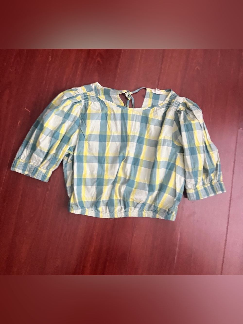 A.n.a a new approach Girls Plaid Puff Sleeve Top in Yellow & Blue